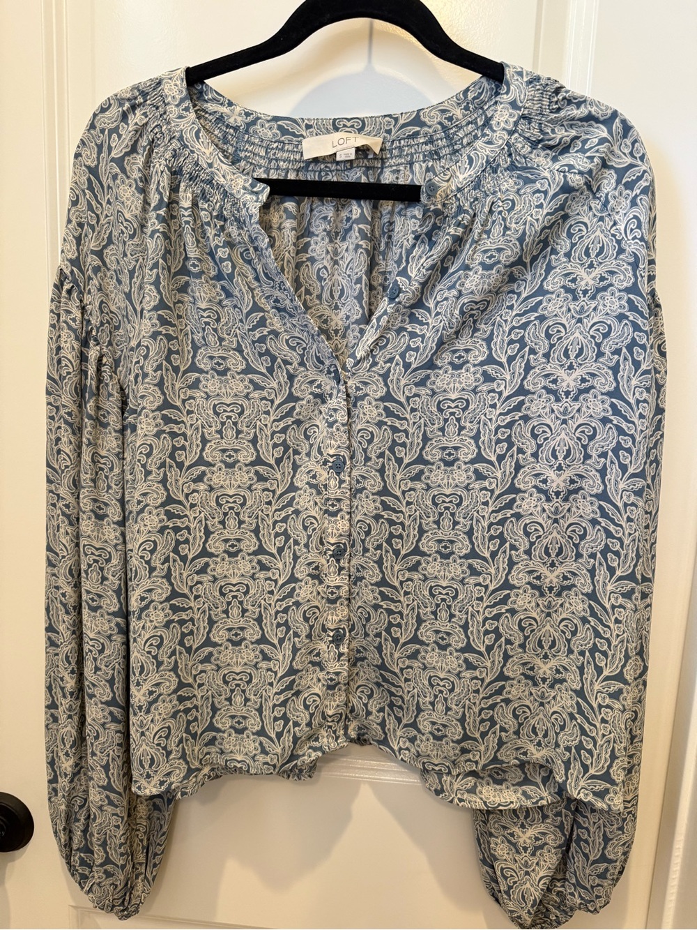 LOFT Blue Paisley Button-Front Peasant Top